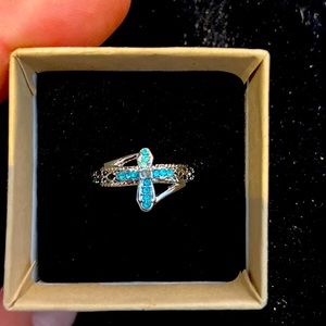 Aqua marine and simulated diamond in diver cross ring. Size 6